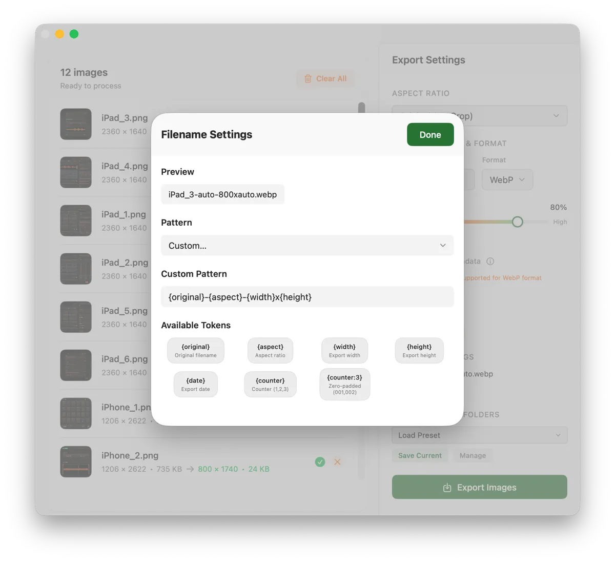 Screenshot of the Filename Settings screen